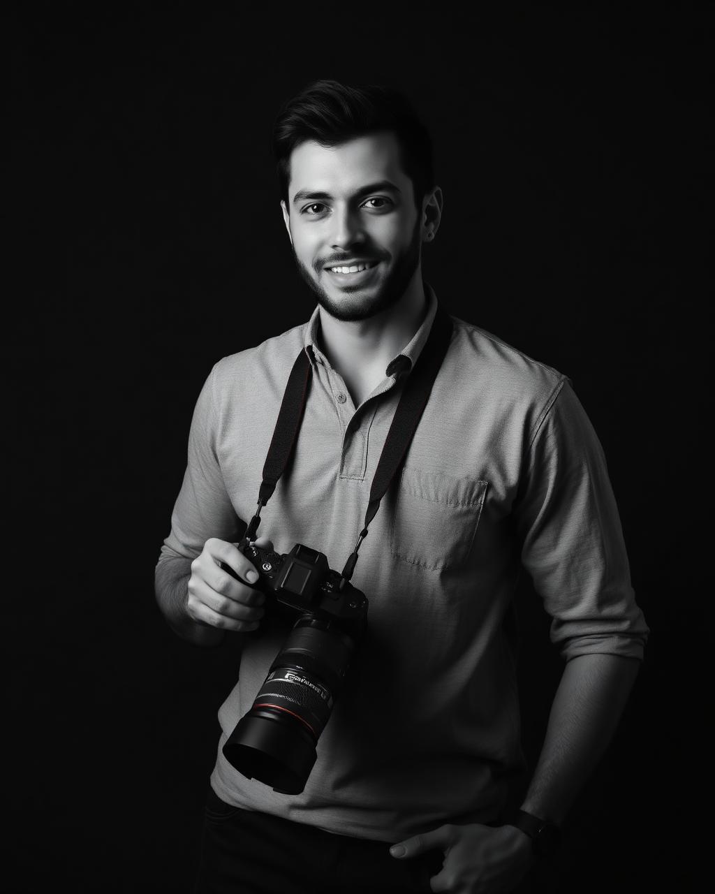 Retrato do fotógrafo Lucas Ferraz com sua câmera