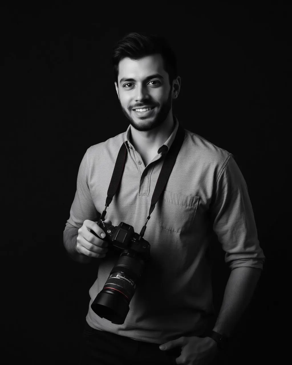 Retrato do fotógrafo Lucas Ferraz com sua câmera