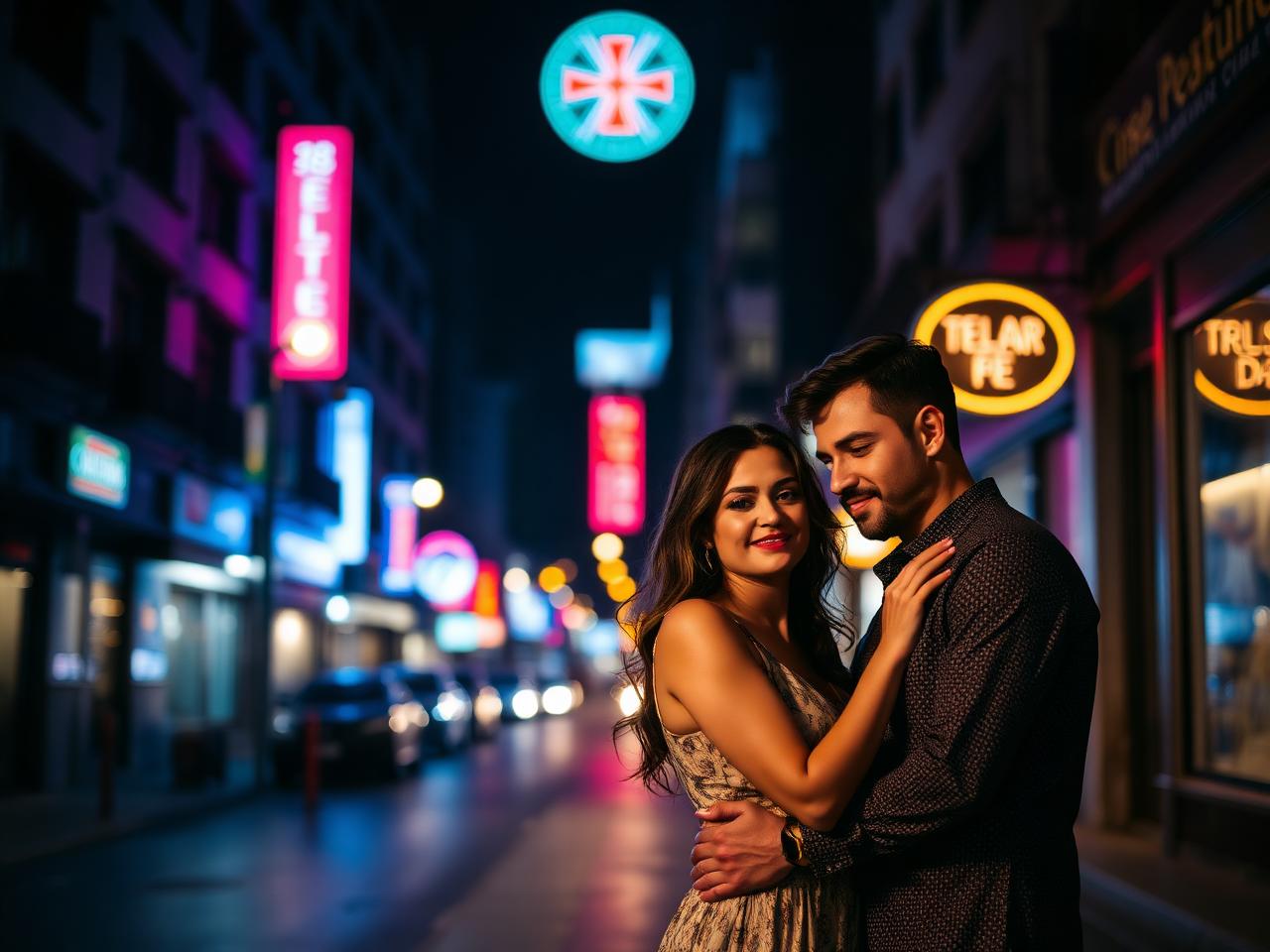Ensaio de casal em rua urbana à noite